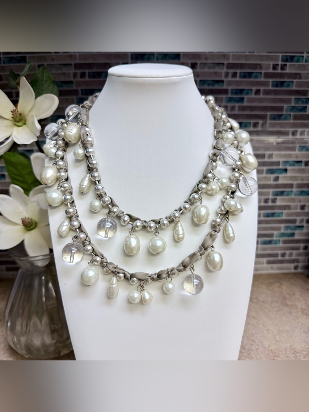 Chico's Long Statement Necklace Faux Baroque Pearl Clear Crystal Cluster Grey